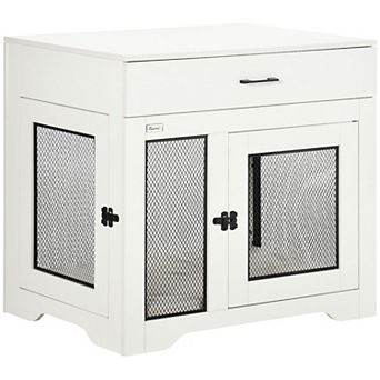 PawHut Dog Crate Furniture with Soft Water-Resistant Cushion, Dog Crate End Table with Drawer, Puppy Crate for Small Dogs Indoor with 2 Doors, White