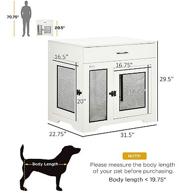 PawHut Dog Crate Furniture with Soft Water-Resistant Cushion, Dog Crate End Table with Drawer, Puppy Crate for Small Dogs Indoor with 2 Doors, White