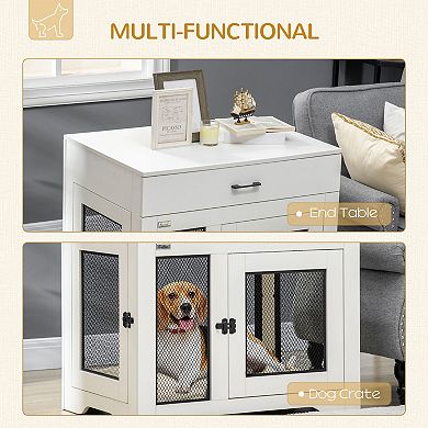 PawHut Dog Crate Furniture with Soft Water-Resistant Cushion, Dog Crate End Table with Drawer, Puppy Crate for Small Dogs Indoor with 2 Doors, White