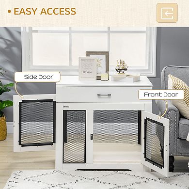 PawHut Dog Crate Furniture with Soft Water-Resistant Cushion, Dog Crate End Table with Drawer, Puppy Crate for Small Dogs Indoor with 2 Doors, White