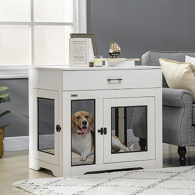 PawHut Dog Crate Furniture with Soft Water-Resistant Cushion, Dog Crate End Table with Drawer, Puppy Crate for Small Dogs Indoor with 2 Doors, White