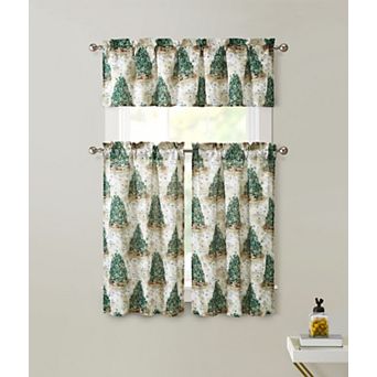 Kate Aurora Christmas Trees and Evergreens Complete Semi Sheer Kitchen Curtain Tier and Valance Set