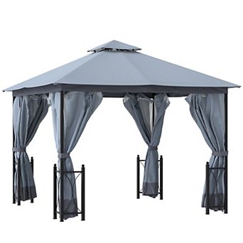 13' X 11' Patio Gazebo, Garden Canopy, Fancy Steel Frame, 2 tier Roof, Grey