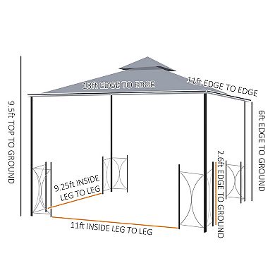 13' X 11' Patio Gazebo, Garden Canopy, Fancy Steel Frame, 2 Tier Roof, Grey