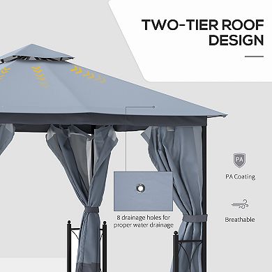 13' X 11' Patio Gazebo, Garden Canopy, Fancy Steel Frame, 2 Tier Roof, Grey