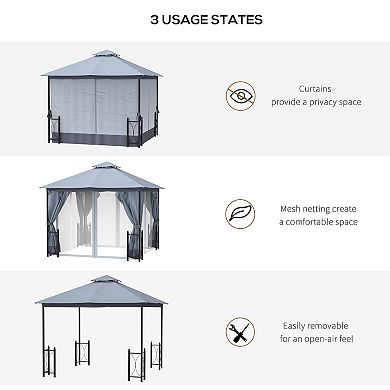 13' X 11' Patio Gazebo, Garden Canopy, Fancy Steel Frame, 2 Tier Roof, Grey