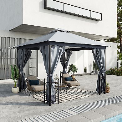 13' X 11' Patio Gazebo, Garden Canopy, Fancy Steel Frame, 2 Tier Roof, Grey