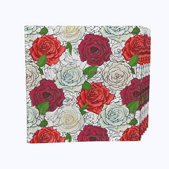 Napkin Set, 100% Polyester, Set of 4, 18x18", Red & White Rose Sketches
