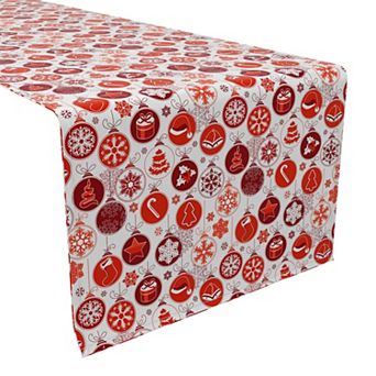 Table Runner, 100% Cotton, 16x90", Red Holiday Ornaments