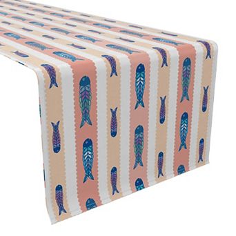 Table Runner, 100% Cotton, 16x72", Fish in Scalloped Stripes
