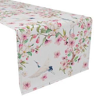 Table Runner, 100% Cotton, 16x108", Cranes & Pink Flowers