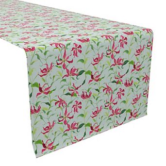 Table Runner, 100% Cotton, 16x72", Fire Lily Flowers and Leaves