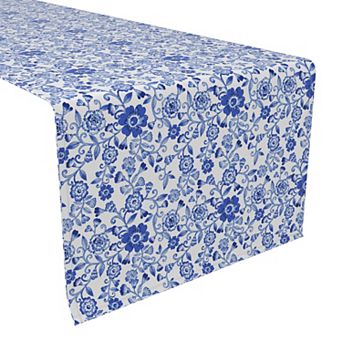 Table Runner, 100% Cotton, 16x72", Watercolor Flowers on Vines Blue