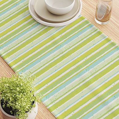 Table Runner, 100% Cotton, 16x90", Green Stripes & Ink Splatter