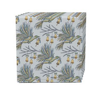 Napkin Set, 100% Polyester, Set of 4, 18x18", Holiday Birds and Bells