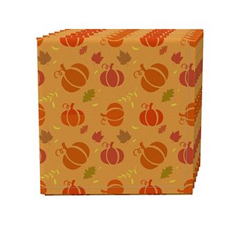Napkin Set of 4, 100% Cotton, 20x20", Orange Stenciled Pumpkins
