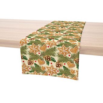 Table Runner, 100% Cotton, 16x90", Holiday Gingerbread Cookies & Pinecones