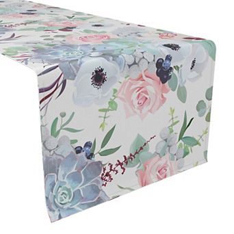 Table Runner, 100% Polyester, 14x108", Pink Roses & Succulents