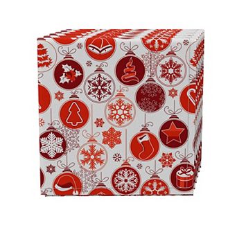 Napkin Set of 4, 100% Cotton, 20x20", Red Holiday Ornaments