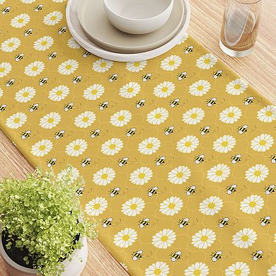 Table Runner, 100% Polyester, 14x108", Bumble Bees & Daisies