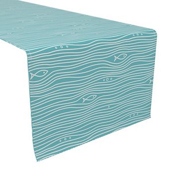 Table Runner, 100% Cotton, 16x108", Simple Fish in Waves