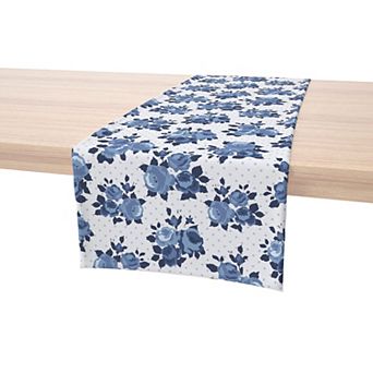 Table Runner, 100% Cotton, 16x90", Blue Floral & Dots