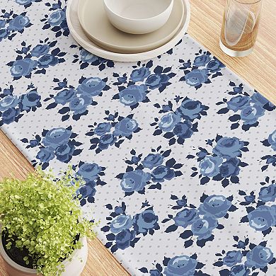 Table Runner, 100% Cotton, 16x90", Blue Floral & Dots