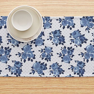 Table Runner, 100% Cotton, 16x90", Blue Floral & Dots