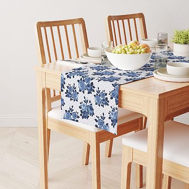 Table Runner, 100% Cotton, 16x90", Blue Floral & Dots