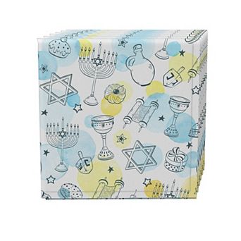 Napkin Set, 100% Polyester, Set of 4, 18x18", Watercolor Hanukkah and Dots