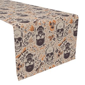Table Runner, 100% Polyester, 12x72", Retro Skulls & Flowers