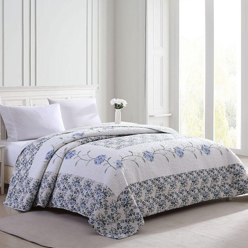 Beatrice Home Fashions Carnation Embroidered Bedspread or Sham, Blue, Twin