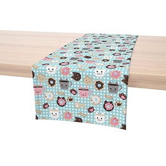 Table Runner, 100% Cotton, 16x72", Cat Lovers Mugs & Donuts