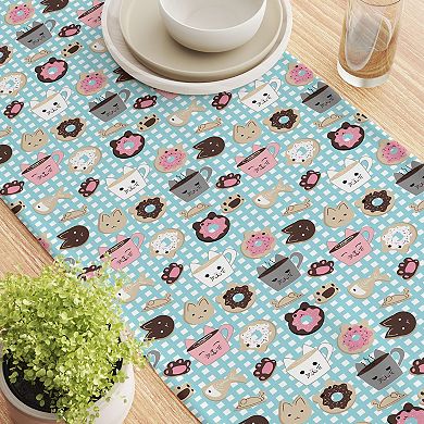 Table Runner, 100% Cotton, 16x72", Cat Lovers Mugs & Donuts