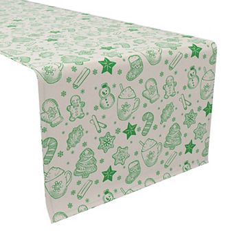 Table Runner, 100% Cotton, 16x72", Green Stenciled Holiday Pattern
