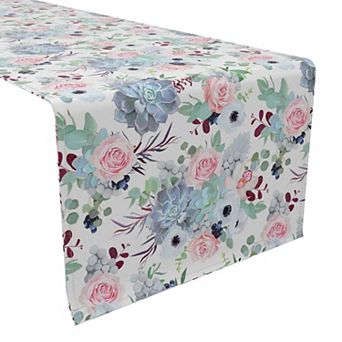 Table Runner, 100% Cotton, 16x72", Pink Roses & Succulents