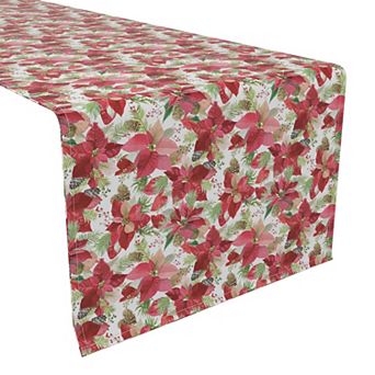 Table Runner, 100% Cotton, 16x90", Poinsettia & Pinecones