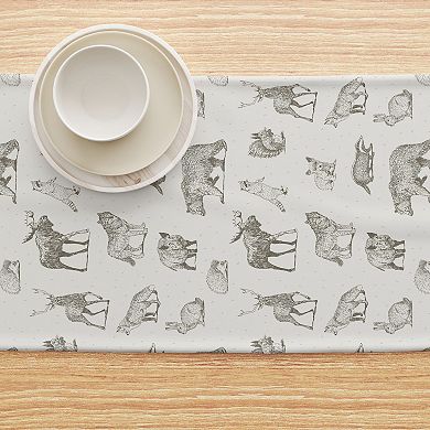 Table Runner, 100% Cotton, 16x108", Hand Drawn Wild Animals
