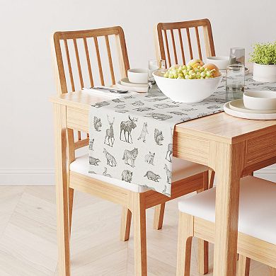 Table Runner, 100% Cotton, 16x108", Hand Drawn Wild Animals