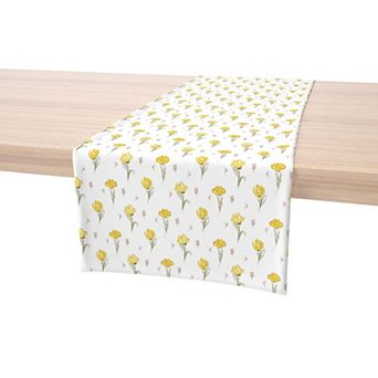 Table Runner, 100% Cotton, 16x108", Hand Drawn Yellow Tulips