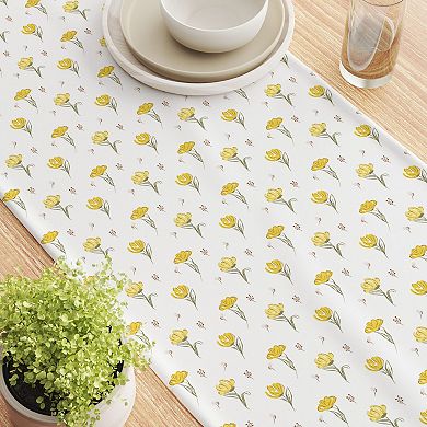 Table Runner, 100% Cotton, 16x108", Hand Drawn Yellow Tulips