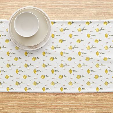 Table Runner, 100% Cotton, 16x108", Hand Drawn Yellow Tulips