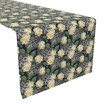 Table Runner, 100% Polyester, 14x108", White Rose and Skull Faces