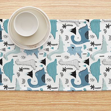 Table Runner, 100% Cotton, 16x108", Hand Drawn Dinosaurs