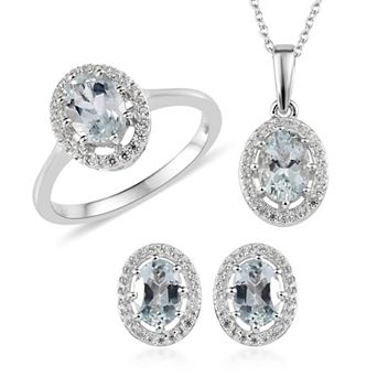 Sterling Silver Aquamarine & White Zircon 3 pc Jewelry Set