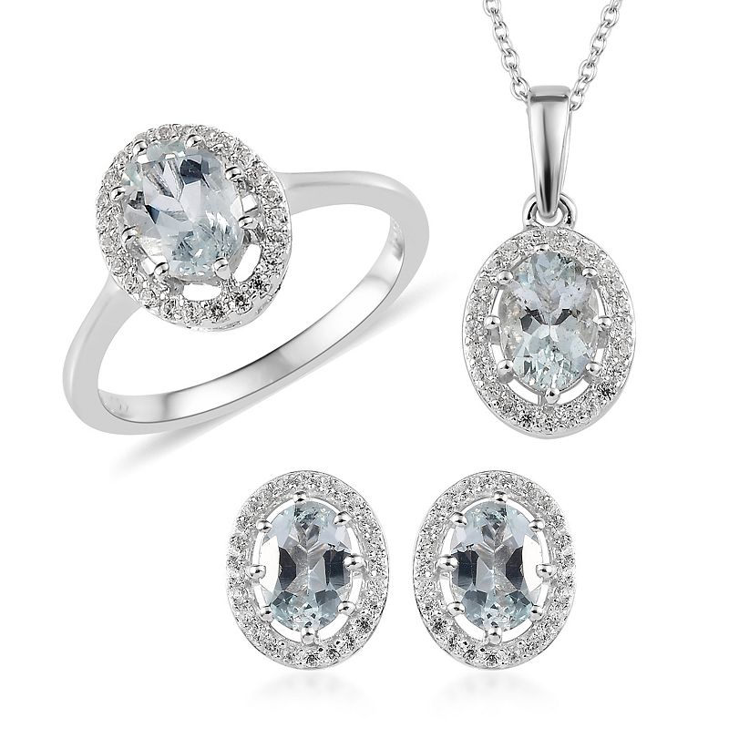 Sterling Silver Aquamarine & White Zircon 3-piece Jewelry Set, Women's, Size: 9