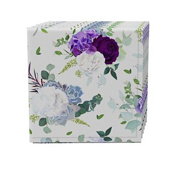 Napkin Set of 4, 100% Cotton, 20x20", Purple & White Hydrangeas