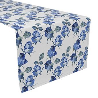 Table Runner, 100% Polyester, 14x108", Blue Watercolor Roses