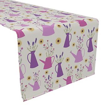 Table Runner, 100% Cotton, 16x90", Wild Flowers & Purple Watering Cans