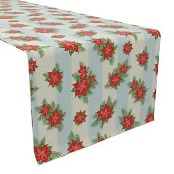 Table Runner, 100% Cotton, 16x108", Poinsettias with Striped Background